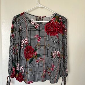 Mango blouse plaid and flowery top with ties on the back and on the sleeves